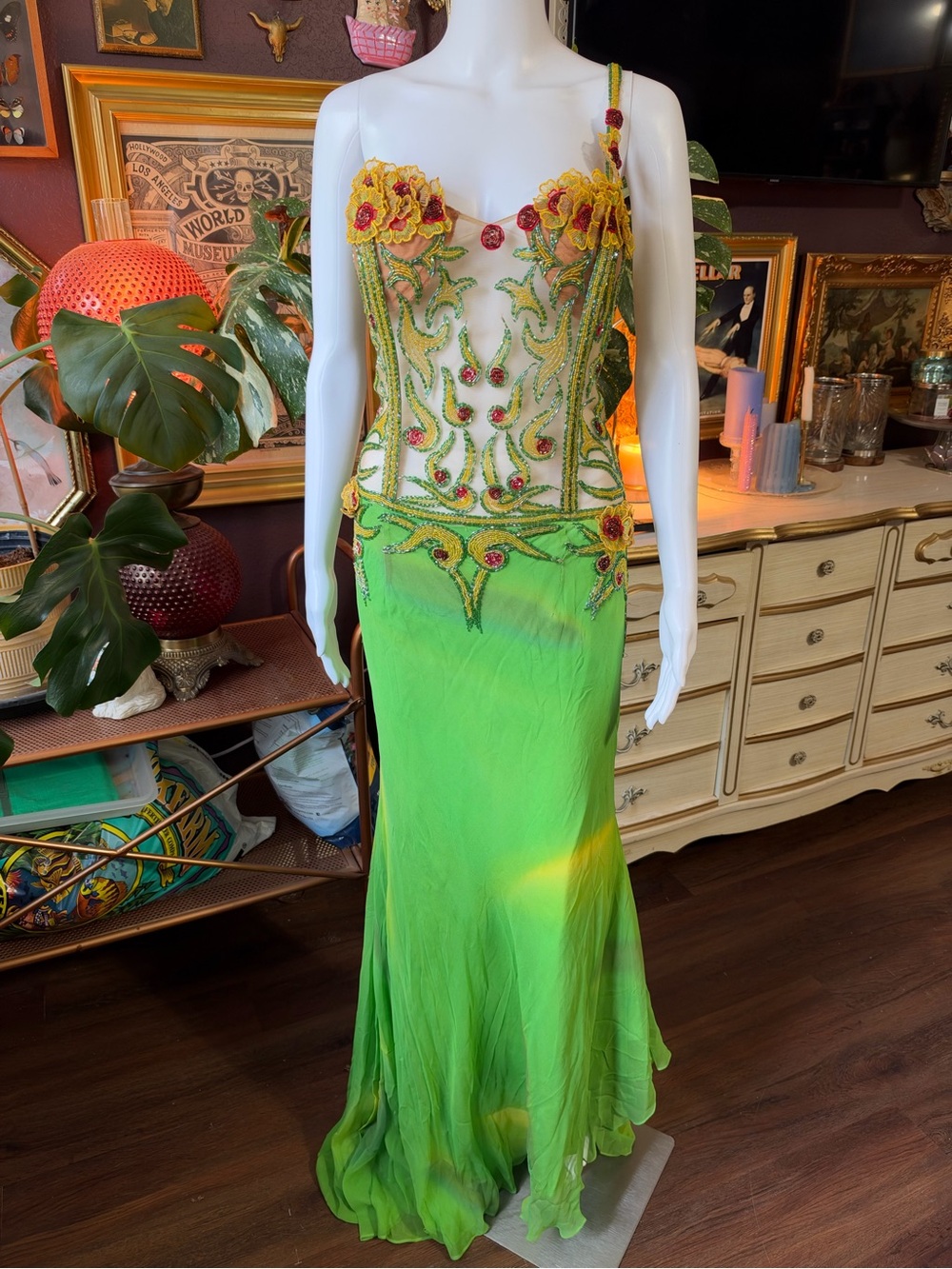 Vintage Mike Benet Bead Embellished Floral Appliqué Silk Gown Size 12
